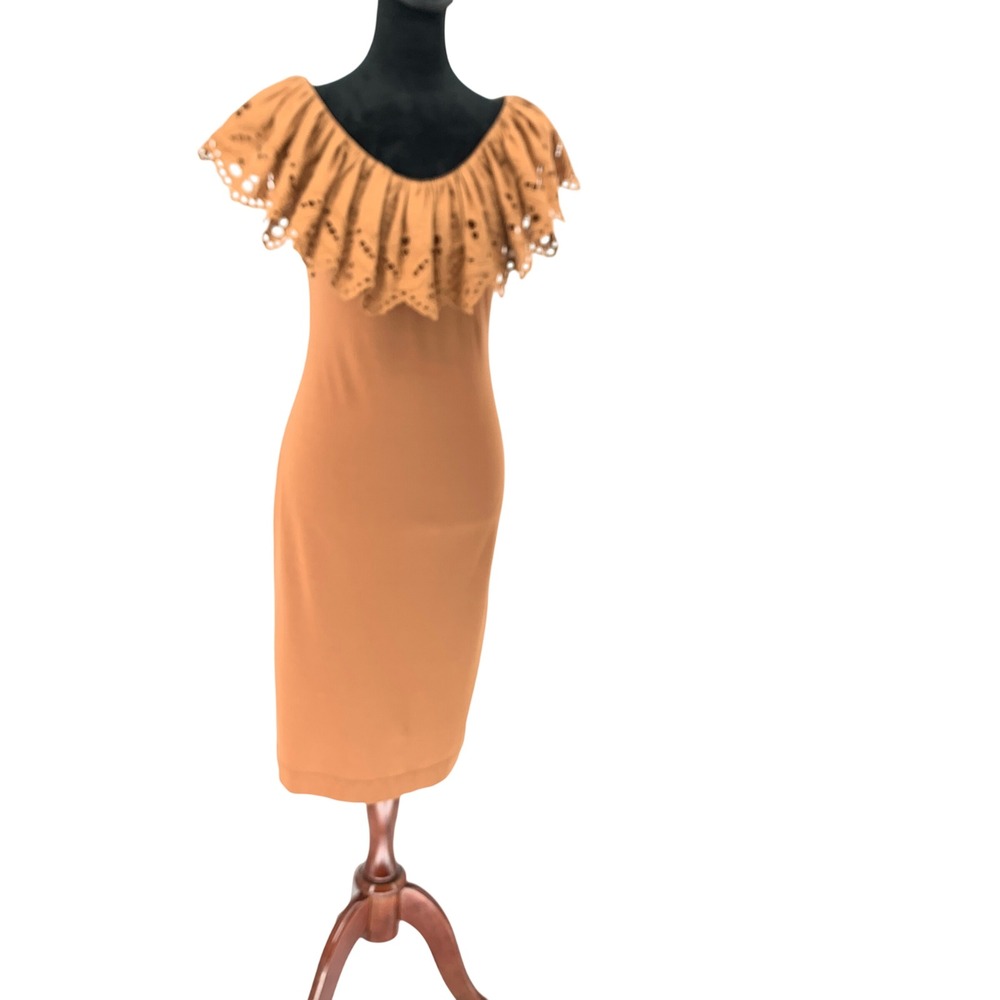 Shiki Alixa-PM Brown Eyelet Ruffle Midi Dress Cacao Italian Size 46 NEW